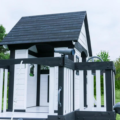 Backyard Discovery Canyon Creek Cedar Wood Swing Set with Wave Slide, Clubhouse, Play Kitchen, Picnic Area, Belt Swings, Web Swing, Rock Wall, Balconies, Playhouse, Step Ladder, Outdoor Playset