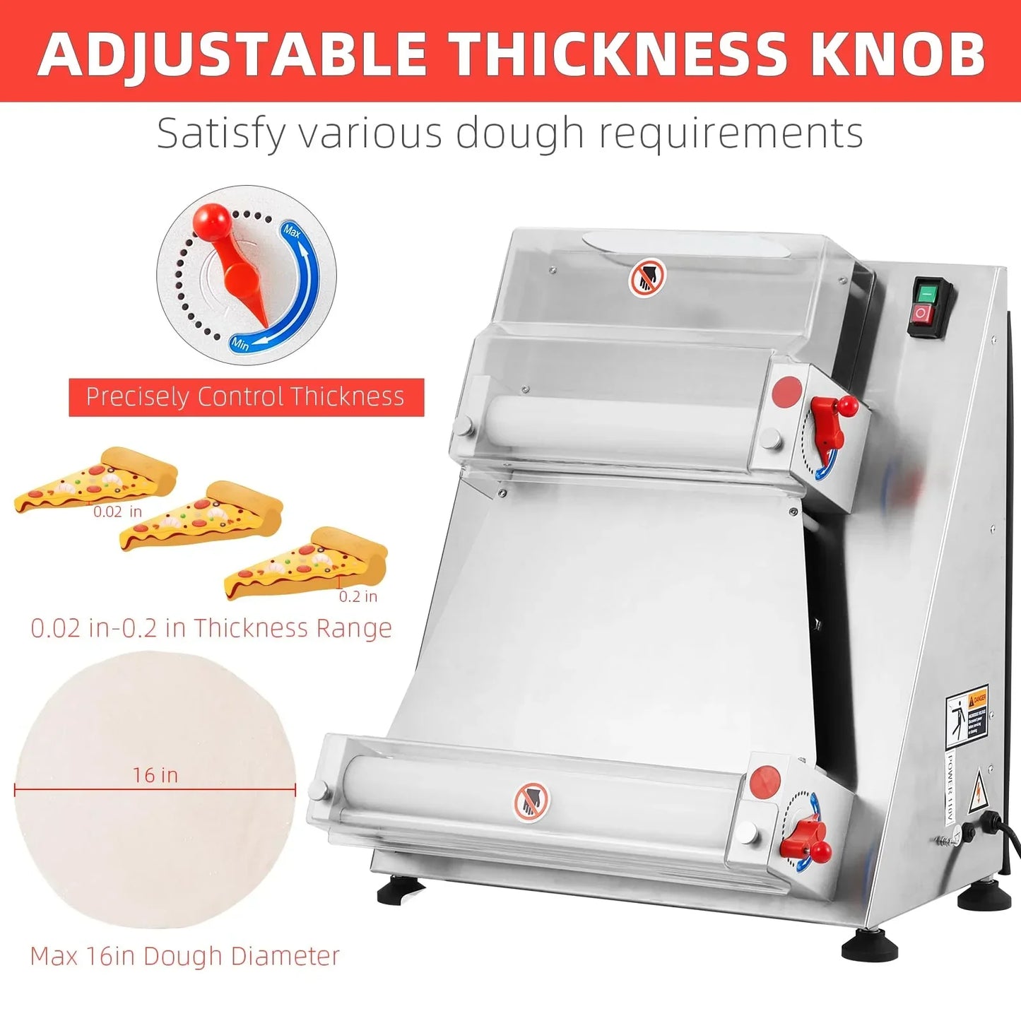 Garvee Commercial Pizza Dough Roller Sheeter, Max 16", Automatic 370W Electric Pizza Dough Roller, Stainless Steel, Suitable for Noodle, Pizza Bread and Pasta Maker Equipment