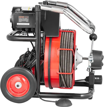 Drain Cleaner Machine 100FT x 1/2 Inch, Auto Feed Sewer Snake Auger on Wheels, 550W Portable Drain Cleaning Machine with 8 Cutters & Air-activated Foot Switch for 2" to 4" Pipes