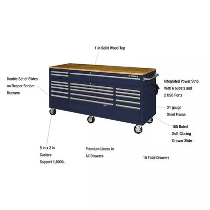 Husky 72 in. 18-Drawer Mobile Workbench with Solid Wood Top in Gloss Blue