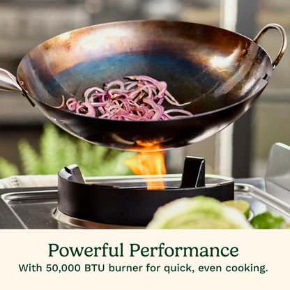 Cuisinart Outdoor Wok Station, 50,000 BTU Propane Outdoor Wok Burner w Prep Table, 14�测�� Carbon Steel Wok for Stir Fry, Searing, BBQ �� Black