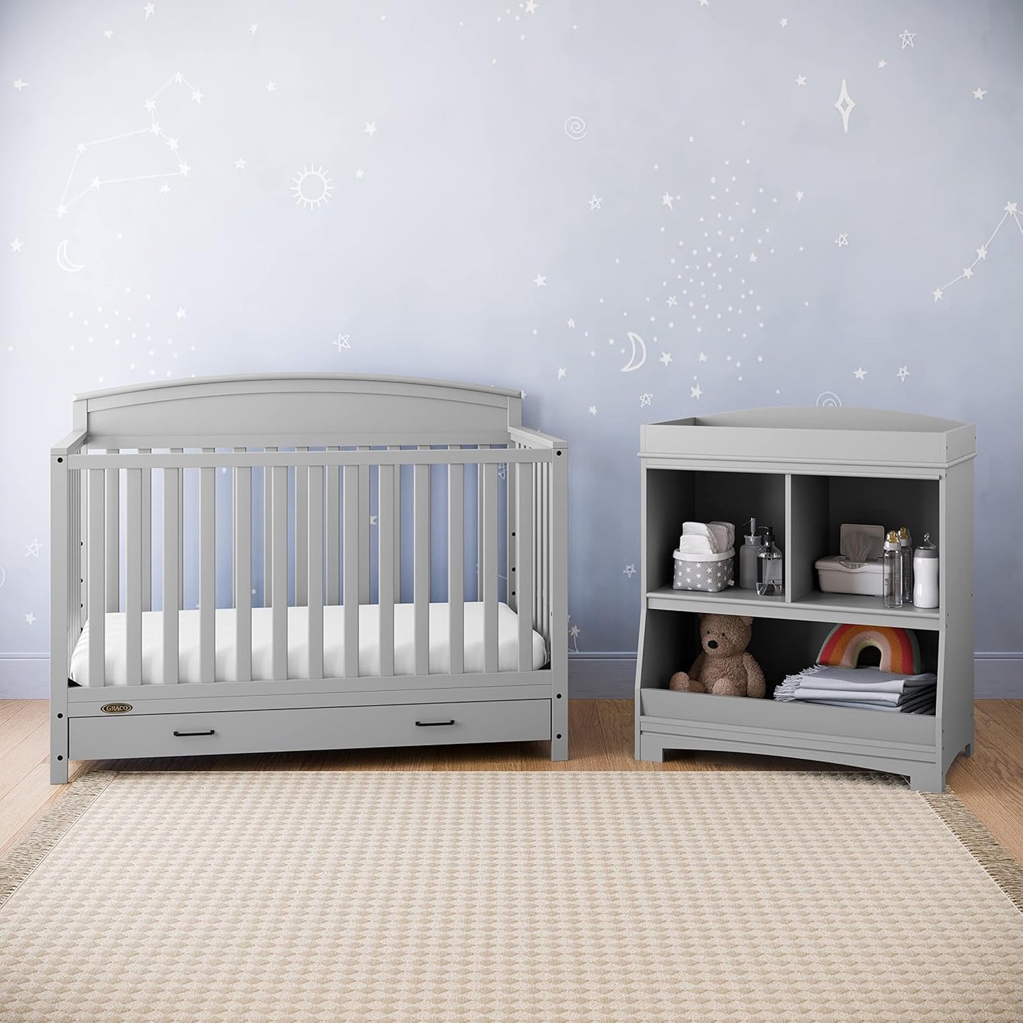 5-in-1 Convertible Baby Bed (with drawers, white) - Green Guardian Gold Certification, built-in baby bed storage drawer, convertible to toddler bed, day bed and full-size bed